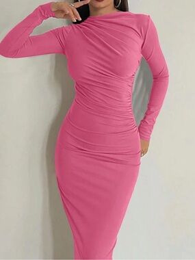 Amazon Essentials Pink Long-Sleeve Ruched Bodycon Midi Dress